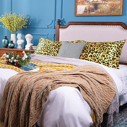 NTBAY 2 Pack Satin Standard Pillowcases for Hair and Skin, Luxurious and Silky Leopard Printed Pillow Cases with Envelope Closure, 20x26 Inches, Yellow and Black