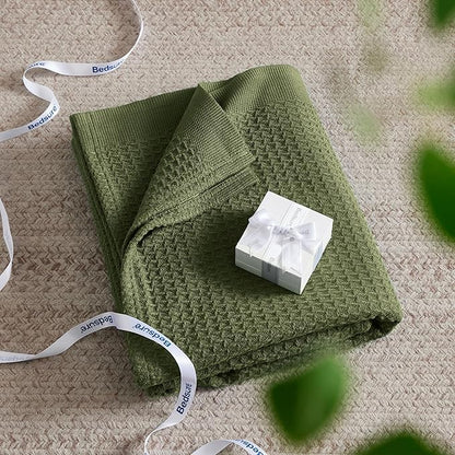 Bedsure Gentlesoft 100% Cotton Blanket King Size for Bed - Breathable and Soft for Spring Summer, Thick Cozy Waffle Weave Blanket Gifts for Women, Olive Green, 104x90 inches