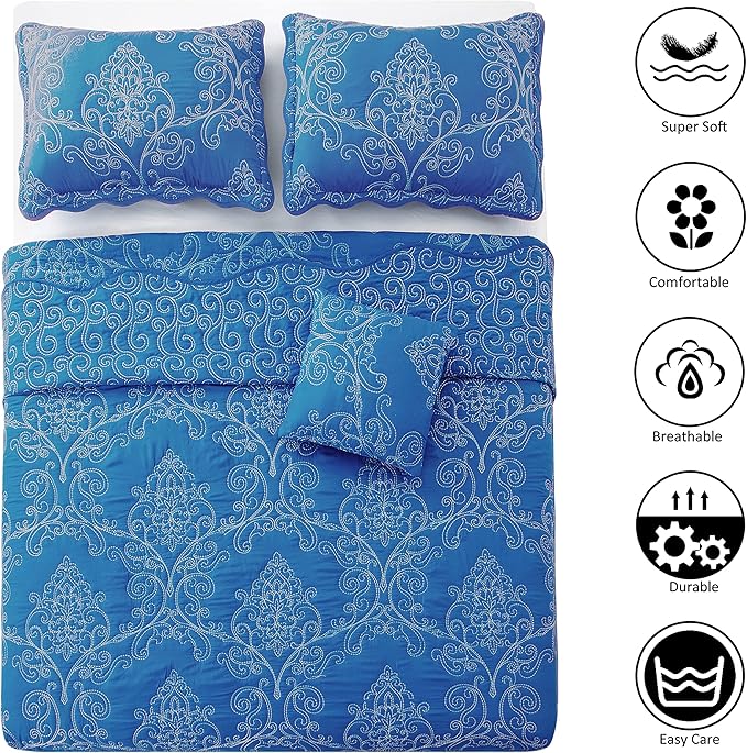 Home Soft Things Damask 4 Piece Bedspread Set,Scalloped Edge Reversible Quilt Coverlet Comforter Prewashed Bedding Set, Matelasse Embossed Floral Solid Pattern,Palace Blue Oversize King(120" x 120")