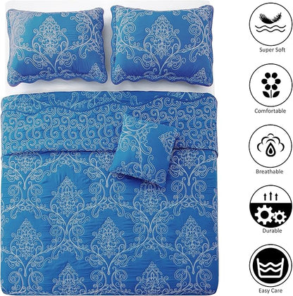 Home Soft Things Damask 4 Piece Bedspread Set,Scalloped Edge Reversible Quilt Coverlet Comforter Prewashed Bedding Set, Matelasse Embossed Floral Solid Pattern,Palace Blue Oversize King(120" x 120")