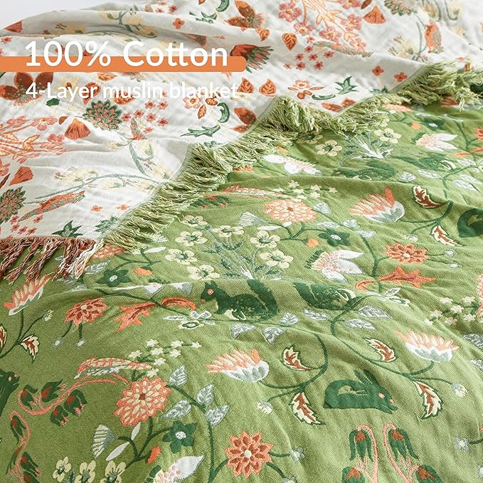 Boho Throw Blanket for Bed 90”x98”, 100% Cotton Woven Blanket for Couch Sofa, Ultra Soft 4-Layer Muslin Quilt with Floral Printed, Farmhouse Bed Blanket/Cover for Living Room Decor