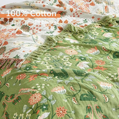 Boho Throw Blanket for Bed 90”x98”, 100% Cotton Woven Blanket for Couch Sofa, Ultra Soft 4-Layer Muslin Quilt with Floral Printed, Farmhouse Bed Blanket/Cover for Living Room Decor