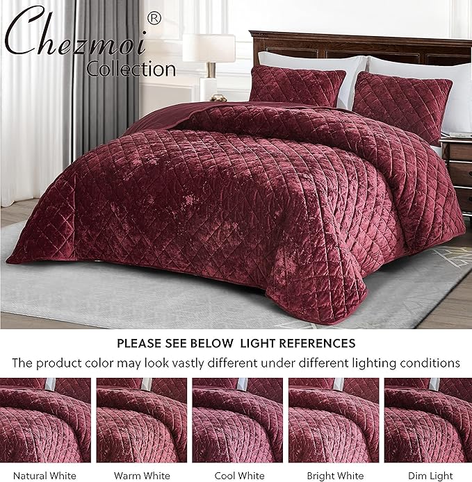 Chezmoi Collection Lux Burgundy Velvet Quilt King Set, 3-Piece Lush Plush Distressed Velvet Bedding All Season Lightweight Comforter Brushed Microfiber Reverse with Diamond Stitch Quilting