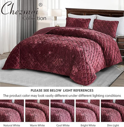 Chezmoi Collection Lux Burgundy Velvet Quilt King Set, 3-Piece Lush Plush Distressed Velvet Bedding All Season Lightweight Comforter Brushed Microfiber Reverse with Diamond Stitch Quilting