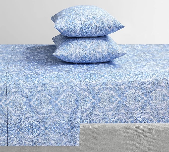 Feather & Stitch Softest 100% Cotton Sheets, 300 Thread Count Percale Weave Bedding, 16" Deep Pocket, Cooling Sheets, Breathable Bed Set, Hotel Premium Quality (Queen, Blue Paisley)
