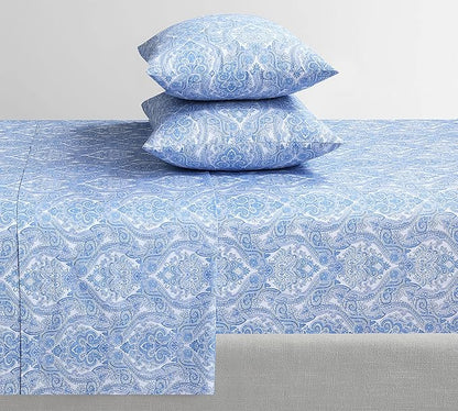 Feather & Stitch Softest 100% Cotton Sheets, 300 Thread Count Percale Weave Bedding, 16" Deep Pocket, Cooling Sheets, Breathable Bed Set, Hotel Premium Quality (Queen, Blue Paisley)