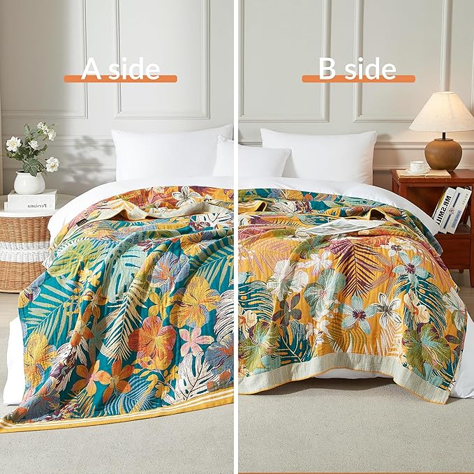 Boho Throw Blanket for Bed 80”x90”, 100% Cotton Woven Blanket for Couch Sofa, Ultra Soft 4-Layer Muslin Quilt with Floral Printed, Farmhouse Bed Blanket/Cover for Living Room Decor