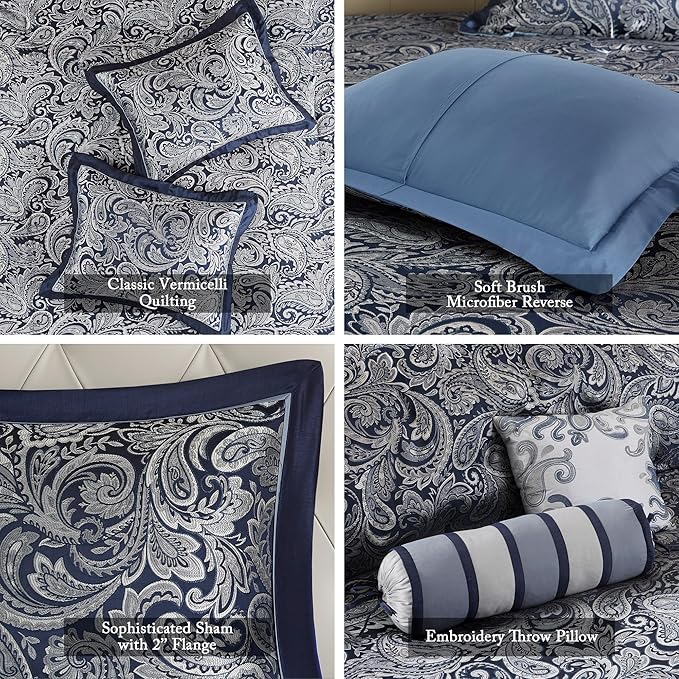 Madison Park Aubrey Reversible Quilted Bedspread Set, Solid Reverse Summer Breathable, Lightweight All Season Bedding Layer, Matching Shams, Bedspread Queen(102"x118"), Navy 5 Piece