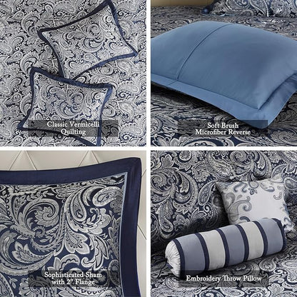 Madison Park Aubrey Reversible Quilted Bedspread Set, Solid Reverse Summer Breathable, Lightweight All Season Bedding Layer, Matching Shams, Bedspread Queen(102"x118"), Navy 5 Piece