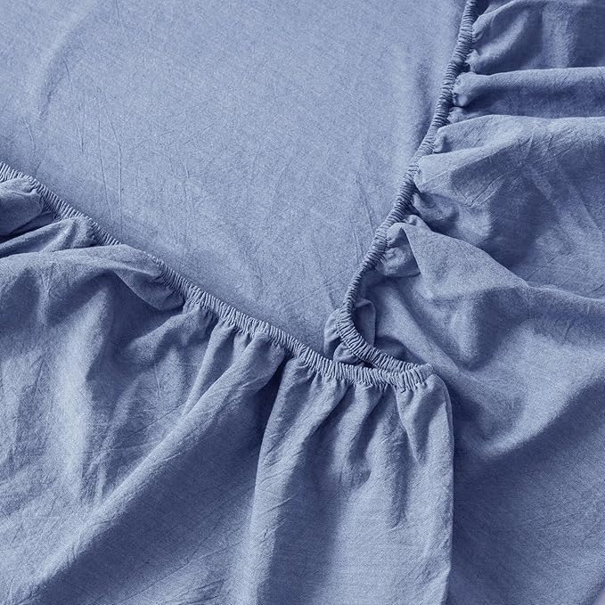 MooMee Fitted Bottom Sheet Only 100% Washed Cotton Linen Like Textured Breathable Durable Soft Comfy Deep Pocket Fits Mattress up to 17" (Blue, Twin)