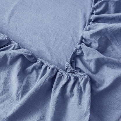 MooMee Fitted Bottom Sheet Only 100% Washed Cotton Linen Like Textured Breathable Durable Soft Comfy Deep Pocket Fits Mattress up to 17" (Blue, Twin)