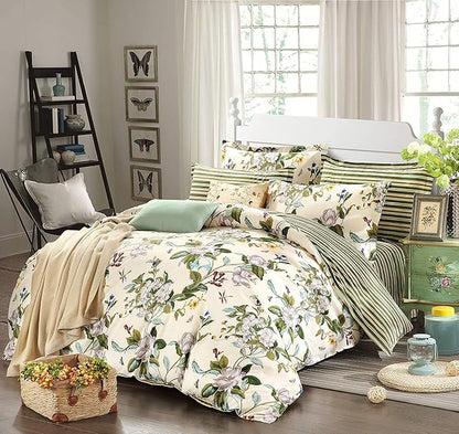 FADFAY Floral Duvet Cover Set 100% Cotton Green and Beige Striped Shabby Flower Bedding Branches Summer Bedding Reversible 600 TC Soft Zipper Comforter Cover & 2 Pillowcases，Queen