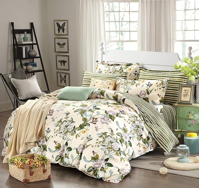 FADFAY Floral Duvet Cover Set 100% Cotton Green and Beige Striped Shabby Flower Bedding Branches Botanical Printed Reversible Zipper Comforter Cover & 2 Pillowcases，Twin