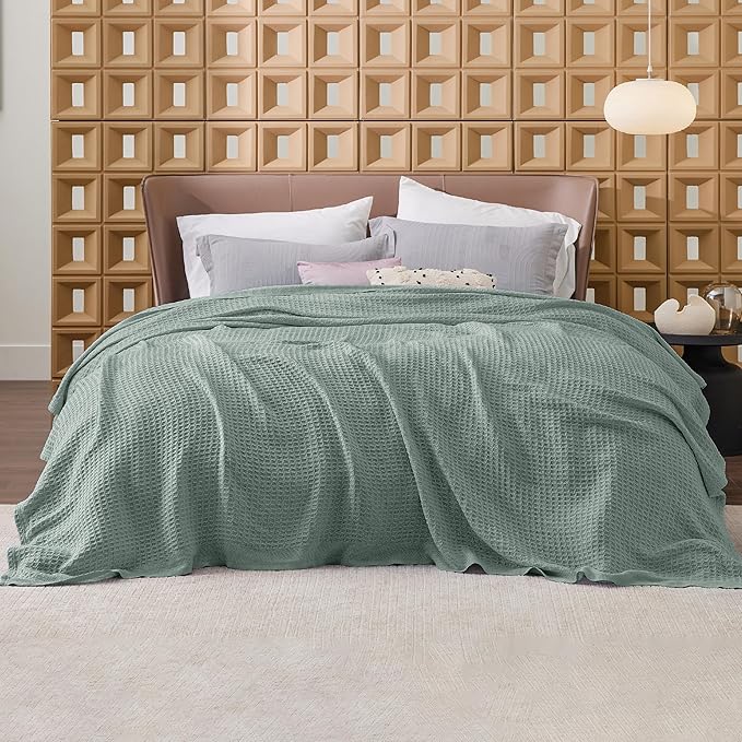 Bedsure Gentlesoft 100% Cotton Blanket King Size for Bed - Cooling Breathable and Soft for Spring Summer, Thick Cozy Waffle Weave Blanket Gifts for Women, Sage Green, 104x90 inches