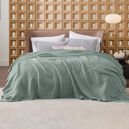 Bedsure Gentlesoft 100% Cotton Blanket King Size for Bed - Cooling Breathable and Soft for Spring Summer, Thick Cozy Waffle Weave Blanket Gifts for Women, Sage Green, 104x90 inches