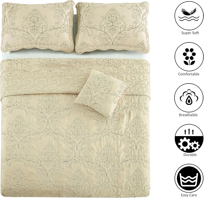 Home Soft Things Damask 4 Piece Bedspread Set, Scalloped Edge Reversible Quilt Coverlet Comforter Prewashed Bedding Set, Matelasse Embossed Floral Solid Pattern,Beige Oversize Queen(110" x 120")