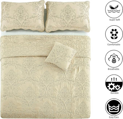 Home Soft Things Damask 4 Piece Bedspread Set, Scalloped Edge Reversible Quilt Coverlet Comforter Prewashed Bedding Set, Matelasse Embossed Floral Solid Pattern,Beige Oversize Queen(110" x 120")