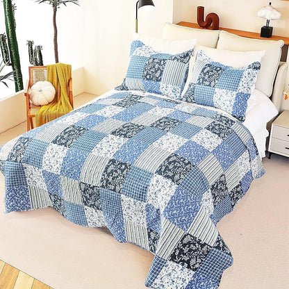 Cmfshape Summer Floral King Quilted Bedspread,Romantic Pink Quilt Set,Reversible Stitched Bedding Cover All Season,Soft Lightweight Coverlet with Pillow Cases (Blue&White, King(102"x90"))