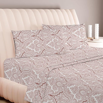 Carressa Linen 100% Egyptian Cotton Queen Size Sheet Set - Printed 600 Thread Count Egyptian Cotton Sheets Queen Size (Paisley Blush Print), Soft, Cooling, Sateen 16" Deep Pocket Luxury Hotel Sheets