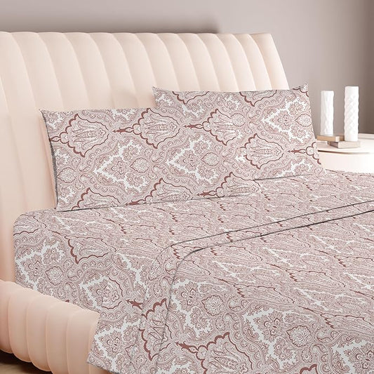 Carressa Linen 100% Egyptian Cotton Queen Size Sheet Set - Printed 600 Thread Count Egyptian Cotton Sheets Queen Size (Paisley Blush Print), Soft, Cooling, Sateen 16" Deep Pocket Luxury Hotel Sheets