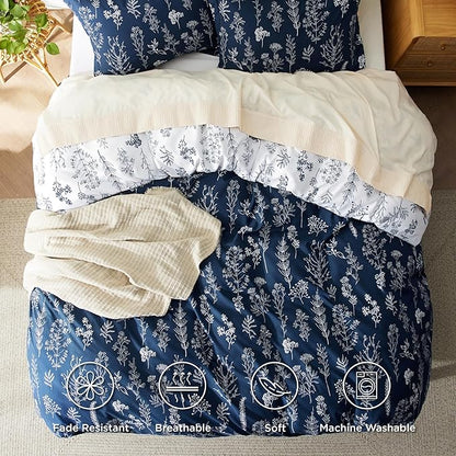 Bedsure Twin/Twin XL Duvet Cover - Reversible Navy Blue Duvet Cover Set with Zipper Closure, 2 Pieces Cute Floral Patterned Bedding Set with 8 Corner Ties and 1 Pillow Sham