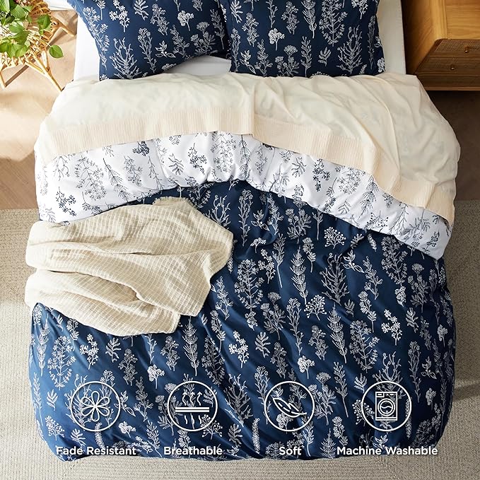 Bedsure Duvet Cover Queen Size - Reversible Navy Blue Queen Duvet Cover Set with Zipper Closure, 3 Pieces Floral Patterned Bedding Set with 8 Corner Ties and 2 Pillow Shams