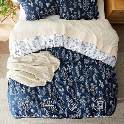 Bedsure Duvet Cover Queen Size - Reversible Navy Blue Queen Duvet Cover Set with Zipper Closure, 3 Pieces Floral Patterned Bedding Set with 8 Corner Ties and 2 Pillow Shams