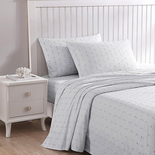 Tommy Bahama - Queen Sheet Set, Cotton Percale Bedding Set, Crisp & Cool, Stylish Bedding Set (Kew Palms Grey, Queen)