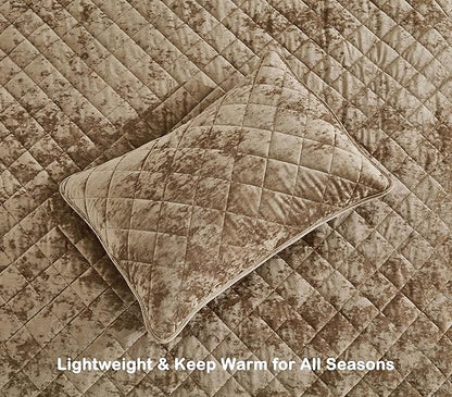 Chezmoi Collection Lux Tan Velvet Quilt King Set, 3-Piece Plush Distressed Velvet Bedding All Season Lightweight Comforter Brushed Microfiber Reverse with Diamond Stitch Quilting