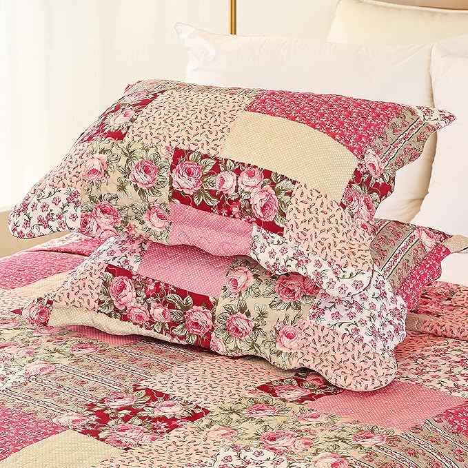 Cmfshape Summer Floral Queen Quilted Bedspread,Romantic Pink Quilt Set Full,Reversible Stitched Bedding Set All Season,Soft Lightweight Coverlet with Pillow Cases (Hot Pink&Rose, Queen90 x90)