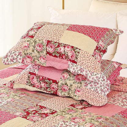 Cmfshape Summer Floral Queen Quilted Bedspread,Romantic Pink Quilt Set Full,Reversible Stitched Bedding Set All Season,Soft Lightweight Coverlet with Pillow Cases (Hot Pink&Rose, Queen90 x90)