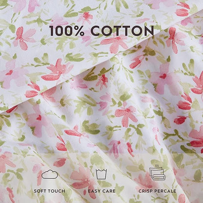 Laura Ashley - King Sheets, Cotton Percale Bedding Set, Lightweight & Breathable Home Decor (Norella Pink, King)