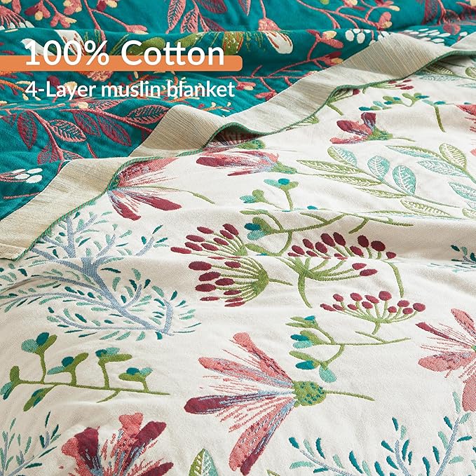 Boho Throw Blanket for Bed 60”x80”, 100% Cotton Woven Blanket for Couch Sofa, Ultra Soft 4-Layer Muslin Quilt with Floral Printed, Farmhouse Bed Blanket/Cover for Living Room Decor