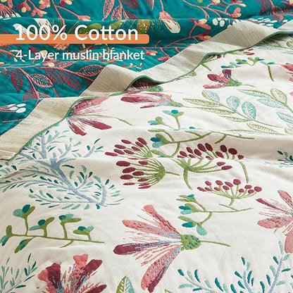 Boho Throw Blanket for Bed 80”x90”, 100% Cotton Woven Blanket for Couch Sofa, Ultra Soft 4-Layer Muslin Quilt with Floral Printed, Farmhouse Bed Blanket/Cover for Living Room Decor