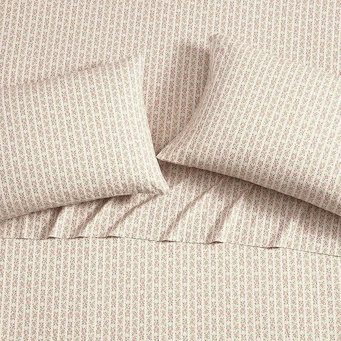 Laura Ashley - Full Sheets, Cotton Percale Bedding Set, Lightweight & Breathable Home Decor, Oeko-Tex Certified (Marta Stripe Pink, Full)