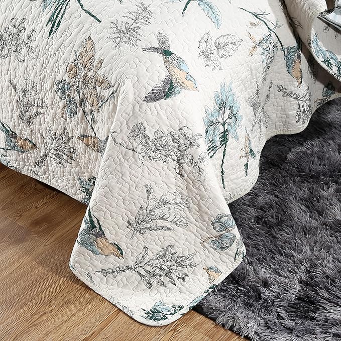DURLENGEN Birds & Floral 100% Cotton King Quilt 3Pcs,Reversible Birds & Flowers Pattern on White,Luxury Lightweight Coverlet Sets for All Season(King 106x96,Birds & Floral)