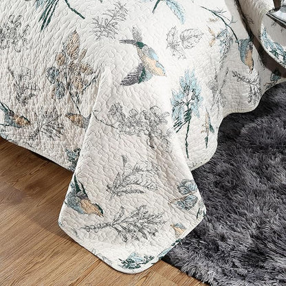 DURLENGEN Birds & Floral 100% Cotton King Quilt 3Pcs,Reversible Birds & Flowers Pattern on White,Luxury Lightweight Coverlet Sets for All Season(King 106x96,Birds & Floral)