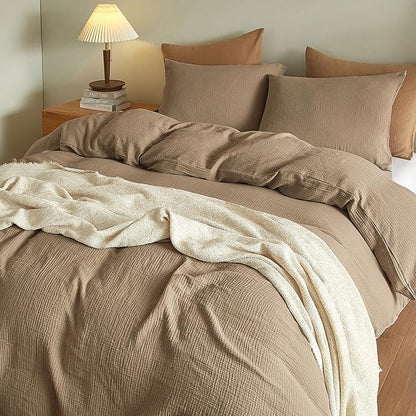 SE SOFTEXLY Muslin Duvet Cover King Size, 100% Washed Cotton Duvet Cover Set, Ultra Soft Comforter Cover Linen Like, 3 Pieces Minimalist Gauze Duvet Cover with 2 Pillowcases, 90"x104", Light Brown