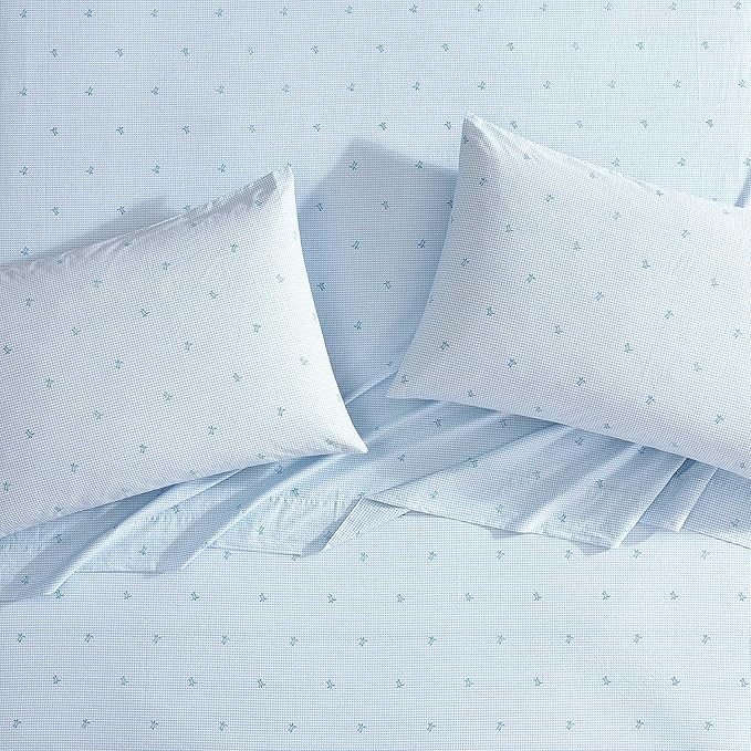 Laura Ashley - Twin Sheets, Cotton Percale Bedding Set, Lightweight & Breathable Home Decor (Turtle Gingham Blue, Twin)