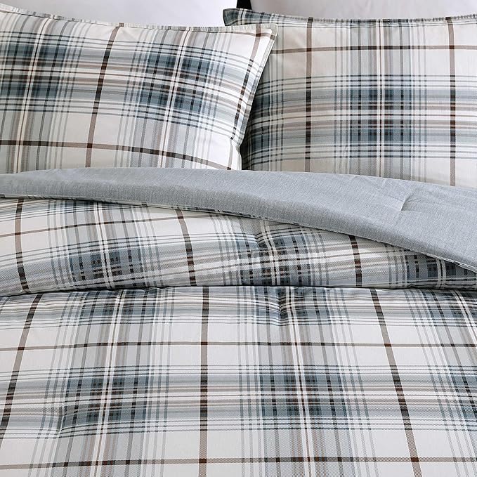 Eddie Bauer - Queen Comforter Set, Crisp & Tailored Cotton Percale Reversible Bedding, Lightweight 3 Piece Bed Set with Matching Pillowcases (Alder Blue/Grey)