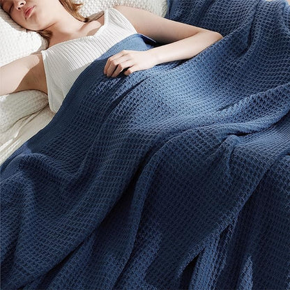 Bedsure Gentlesoft 100% Cotton Blanket King Size for Bed - Cooling Breathable and Soft for Spring Summer, Thick Cozy Waffle Weave Blanket Gifts for Women, Navy, 104x90 inches