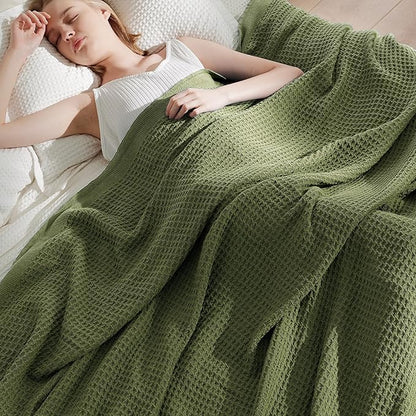 Bedsure Gentlesoft 100% Cotton Big Blanket Oversized King for Bed - Large Breathable Thick Waffle Weave Blanket for Summer, Couch Cover, Olive Green, 120x94 inches