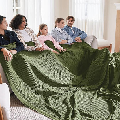 Bedsure Gentlesoft 100% Cotton Big Blanket Oversized King for Bed - Large Breathable Thick Waffle Weave Blanket for Summer, Couch Cover, Olive Green, 120x94 inches