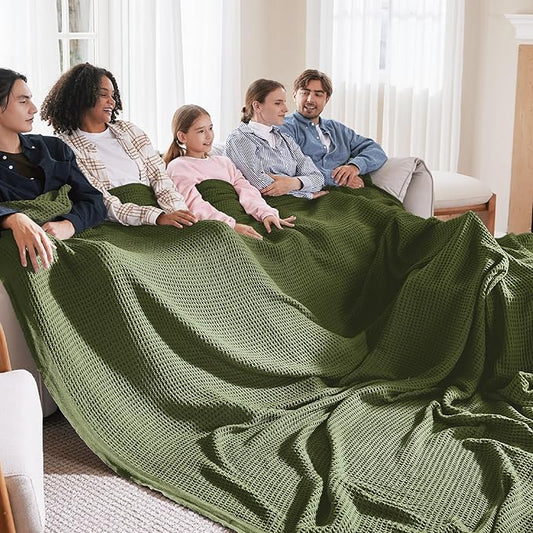 Bedsure Gentlesoft 100% Cotton Big Blanket Oversized King for Bed - Large Breathable Thick Waffle Weave Blanket for Summer, Couch Cover, Olive Green, 120x94 inches