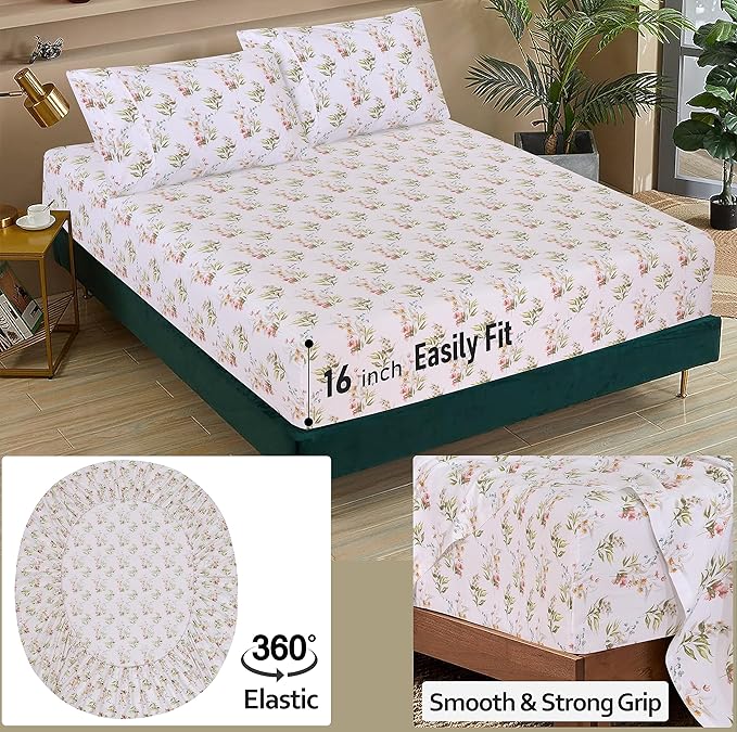 RUVANTI 100% Cotton Sheets – King Size Percale Bedding, Cooling & Breathable Floral Design, Durable with a Crisp, Soft & Comfortable Feel, 16" Deep Pocket, 4-Piece Set, Floral Bliss