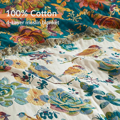 Boho Throw Blanket for Bed 80”x90”, 100% Cotton Woven Blanket for Couch Sofa, Ultra Soft 4-Layer Muslin Quilt with Floral Printed, Farmhouse Bed Blanket/Cover for Living Room Decor