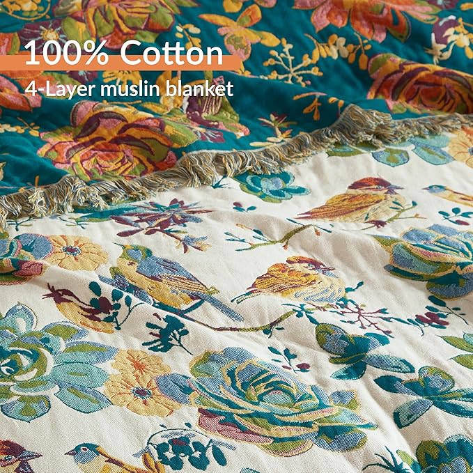 Boho Throw Blanket for Bed 90”x98”, 100% Cotton Woven Blanket for Couch Sofa, Ultra Soft 4-Layer Muslin Quilt with Floral Printed, Farmhouse Bed Blanket/Cover for Living Room Decor