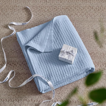 Bedsure Gentlesoft 100% Cotton Throw Blanket for Couch 50x70 inches - Cooling Breathable and Soft for Spring Summer, Waffle Weave Throw Blanket for Office, Sky Blue