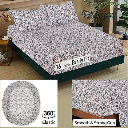 RUVANTI 100% Cotton Sheets – Twin Size Percale Bedding, Cooling & Breathable Floral Design, Durable with a Crisp, Soft & Comfortable Feel, 16" Deep Pocket, 3-Piece Set, Teal Paisley