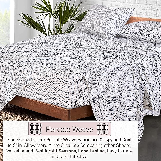 RUVANTI 100% Cotton Sheets – King Size Percale Bedding, Cooling & Breathable Floral Design, Durable with a Crisp, Soft & Comfortable Feel, 16" Deep Pocket, 4-Piece Set, Chevron
